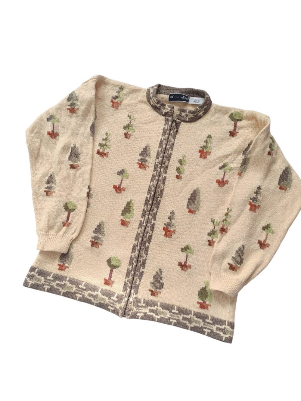 Christine Foley Tree Print Cardigan L XL Vintage Heavy Cotton Sweater